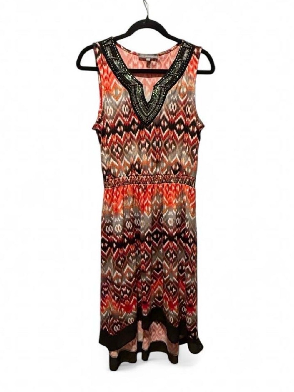 NY Collection Coral, Brown and Black Beaded V-Neck High-Low Maxi Dress
